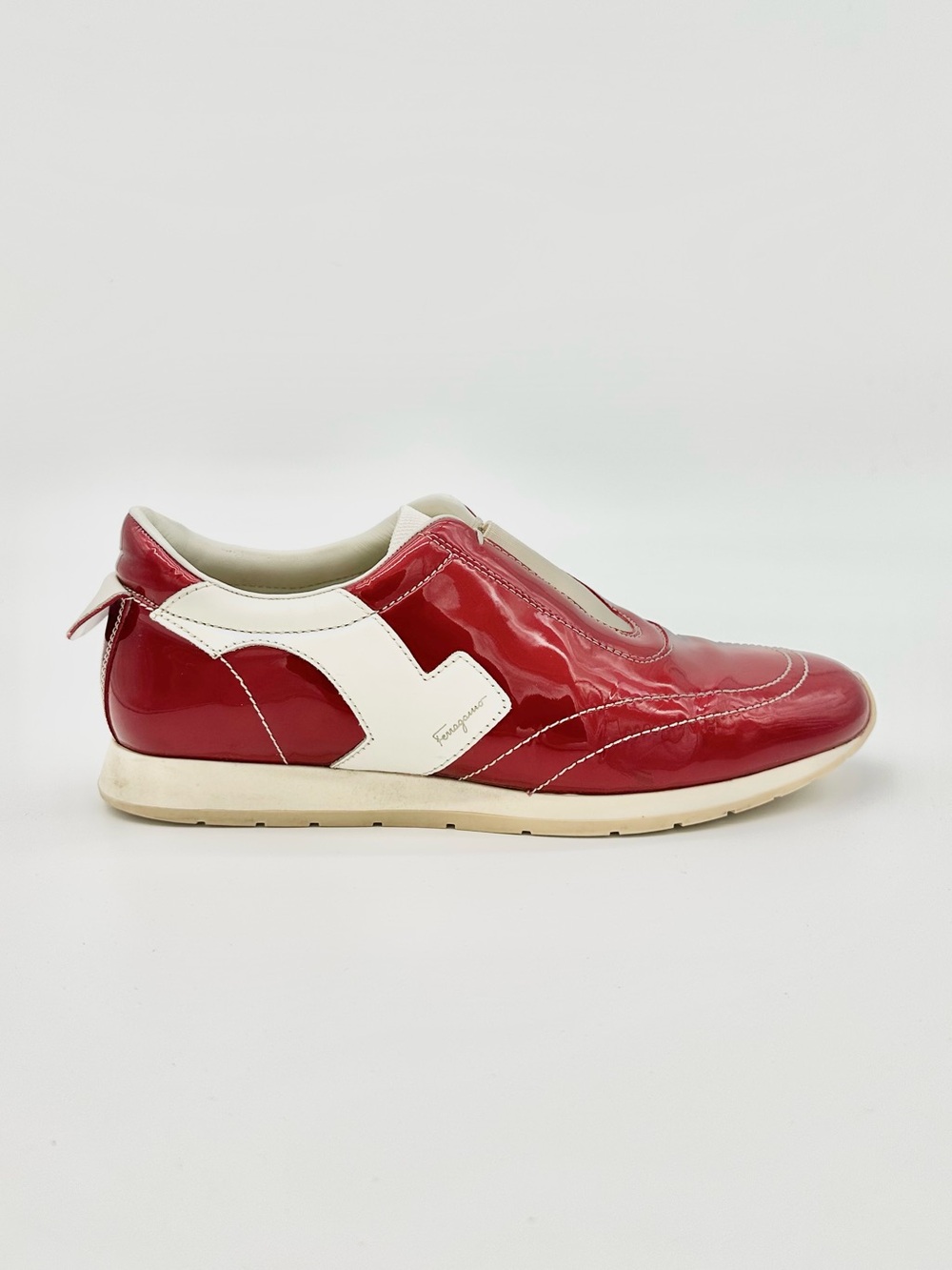 Salvatore Ferragamo Red Patent Leather Contrast Stitch Sneakers Size 8 C